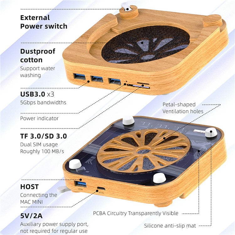 AJM4-FH For Mac Mini M4 / M4 Pro Wooden Expansion Dock USB 3.0 Hub TF / SD Card Reader Anti-Dust Stand