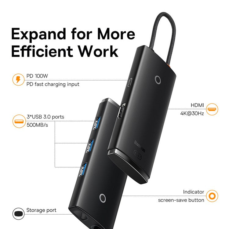 BASEUS Lite Series 5-Port Type-C Hub Docking Station Type-C to HD+3 USB3.0+PD Multi-function Hub Adapter Support 4K Ultra Clear/100W Fast Charging/5Gbps Transmission - Black