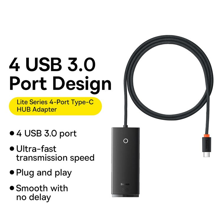 BASEUS Lite Series 1m Type C Hub Adapter to 4-Port USB 3.0 Computer Adapter for Windows and Other Systems - Black