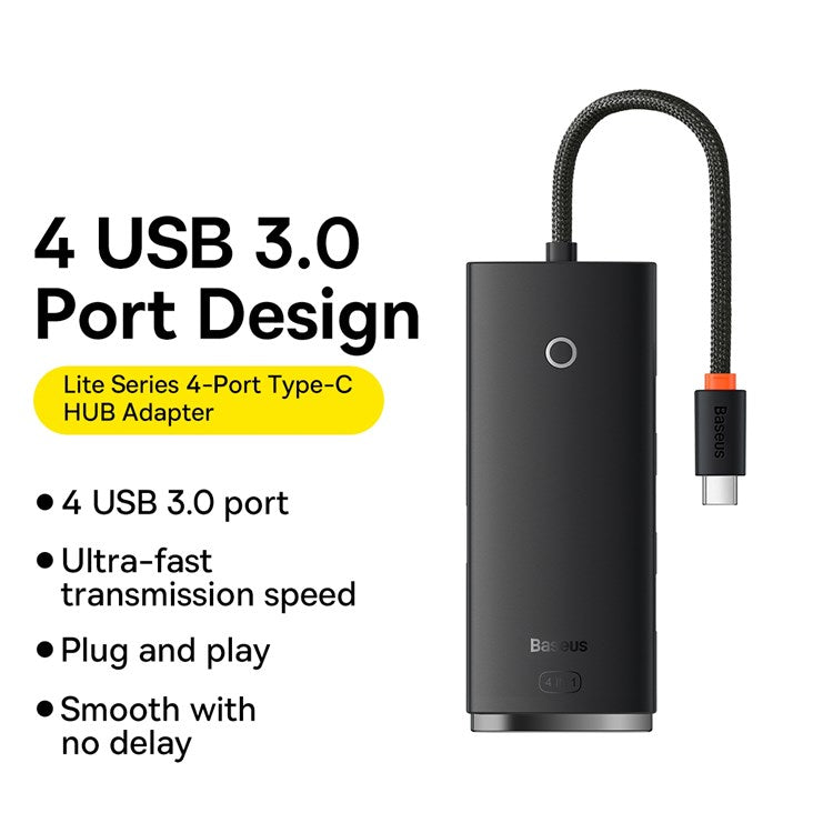 BASEUS Lite Series 25cm Portable Type-C to USB 3.0*4 Converter 4-Port USB-A Hub Adapter - Black
