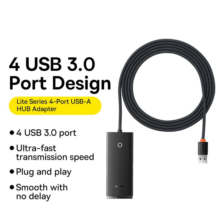 BASEUS Lite Series 2m 4-Port USB-A HUB Adapter USB-A to USB 3.0*4 Converter - Black