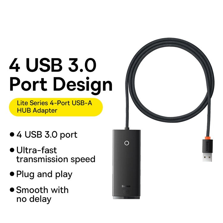 BASEUS Lite Series 1m USB-A to USB 3.0*4 Converter 4-Port USB-A Hub Adapter - Black