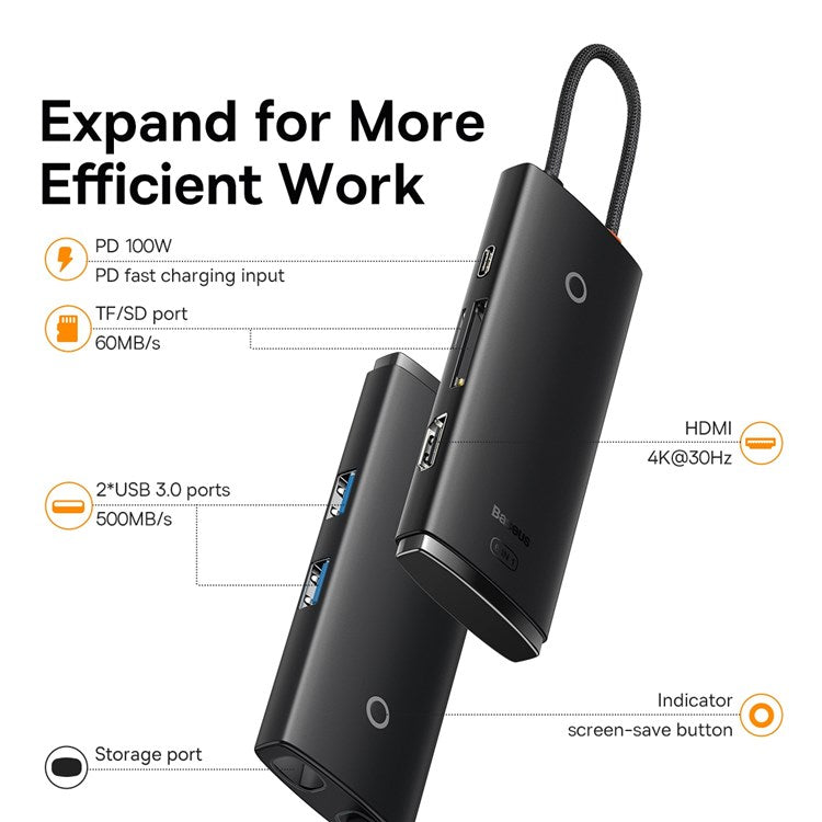BASEUS Lite Series 6-Port Type-C HUB Type-C to HD+USB3.0*2+PD+TF Docking Station - Black