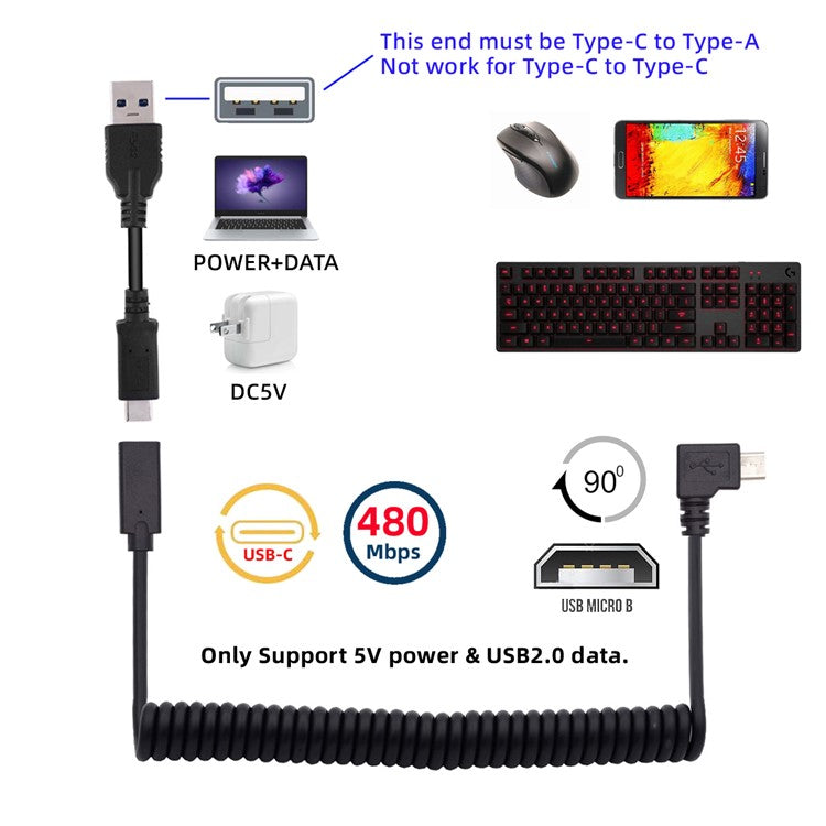 UC-133-MMCF Angled Micro USB Male to Type-C Female Spring Extension Cable for Gaming Keyboard Mouse