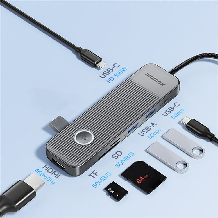 MOMAX ONELINK 7-in-1 Multi-Port Type-C Docking Station Portable PD 100W USB-C Hub Adapter - Dark Grey