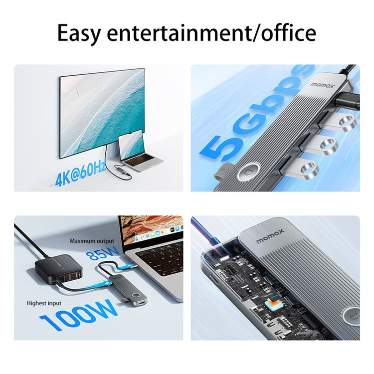 MOMAX ONELINK 7-in-1 Multi-Port Type-C Docking Station Portable PD 100W USB-C Hub Adapter - Dark Grey