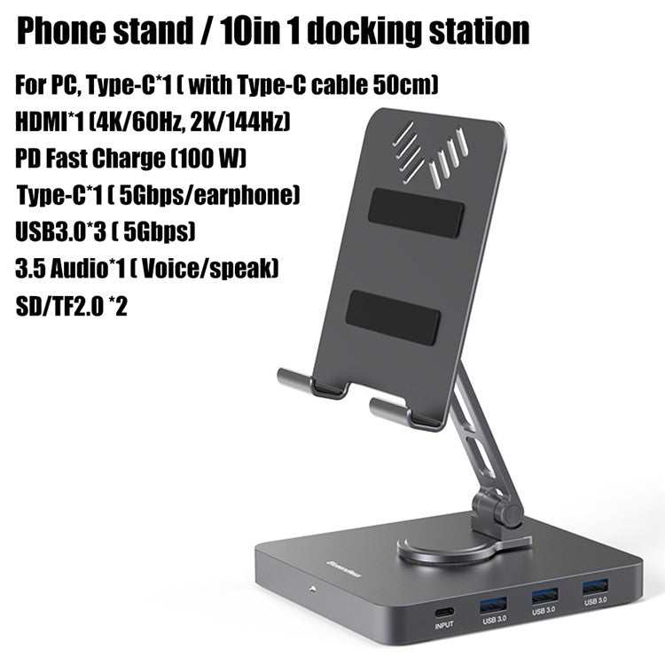 BLUEENDLESS ST102 10-in-1 Docking Station Tablet Stand Multi-Angle Adjustable Mobile Phone Holder Hub Adapter