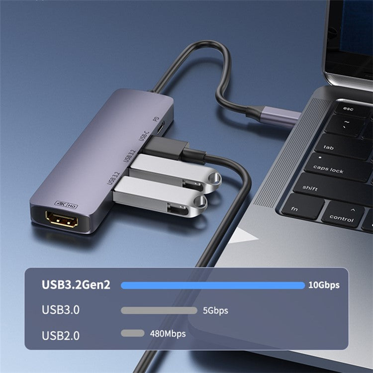 T-518 5-in-1 Type-C Docking Station USB-C to 4K@60Hz HD+2 USB3.2+Type-C+PD Fast Charging 10Gbps Adapter Hub