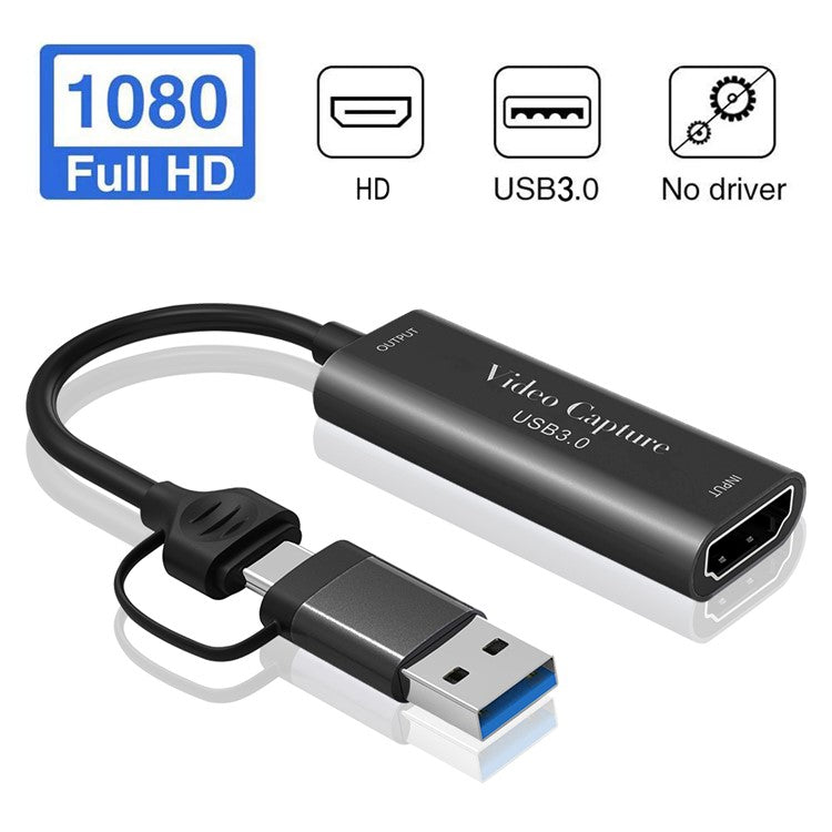 HDMI Female to USB3.0 + Type-C Male Adapter 2-in-1 1080P / 60Hz Gaming HD Video Capture Card Dongle