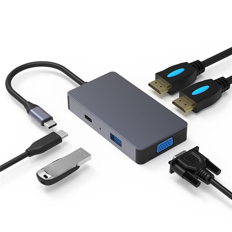 BLUEENDLESS HV501 Type-C Hub 5-in-1 USB-C Extender Dual HD / VGA / USB3.0 / PD Fast Charging Splitter Extension Adapter