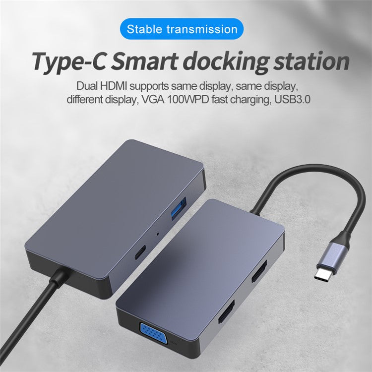 BLUEENDLESS HV501 Type-C Hub 5-in-1 USB-C Extender Dual HD / VGA / USB3.0 / PD Fast Charging Splitter Extension Adapter
