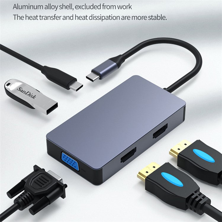 BLUEENDLESS HV501 Type-C Hub 5-in-1 USB-C Extender Dual HD / VGA / USB3.0 / PD Fast Charging Splitter Extension Adapter