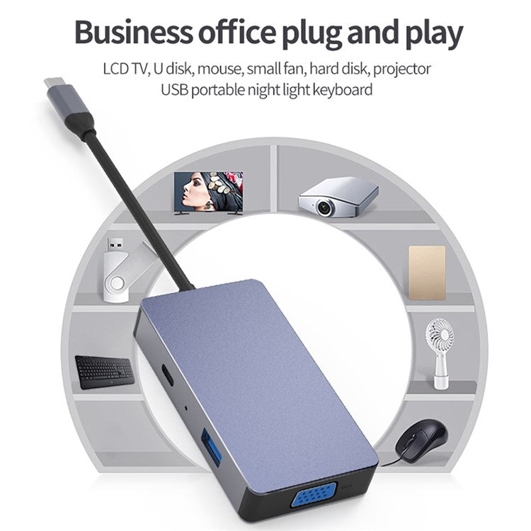 BLUEENDLESS HV501 Type-C Hub 5-in-1 USB-C Extender Dual HD / VGA / USB3.0 / PD Fast Charging Splitter Extension Adapter