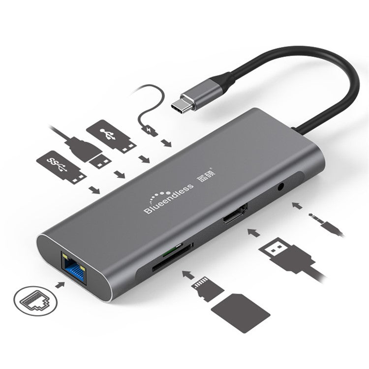 BLUEENDLESS HC901 Type-C Aluminum Alloy Hub 9-in-1 Docking Station Adapter with 100mm Extended Cable