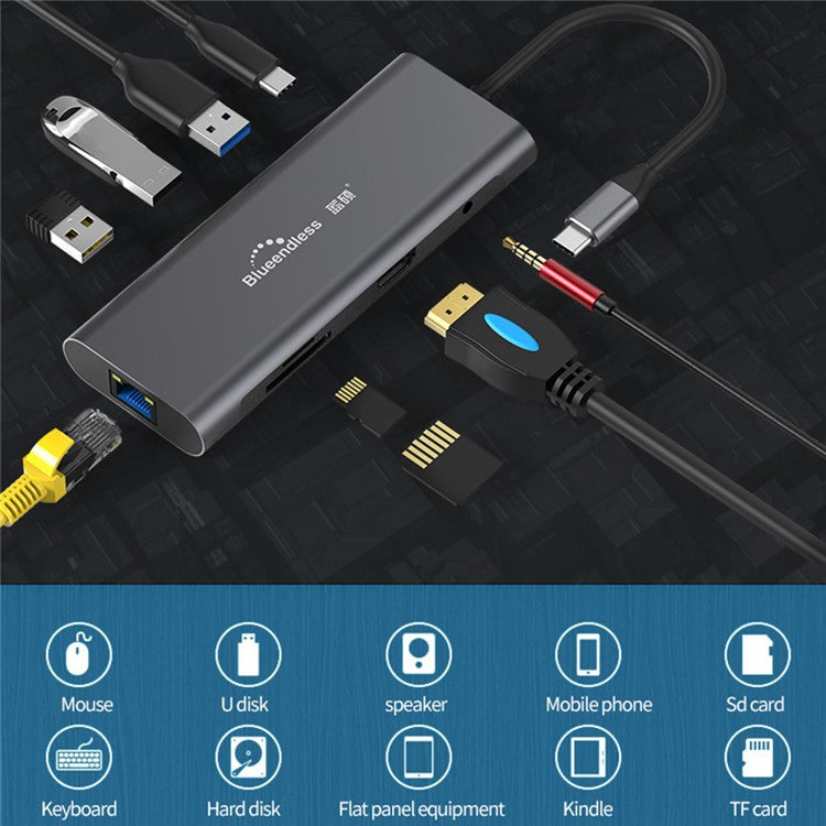 BLUEENDLESS HC901 Type-C Aluminum Alloy Hub 9-in-1 Docking Station Adapter with 100mm Extended Cable