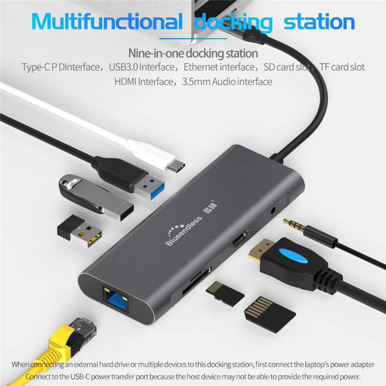BLUEENDLESS HC901 Type-C Aluminum Alloy Hub 9-in-1 Docking Station Adapter with 100mm Extended Cable