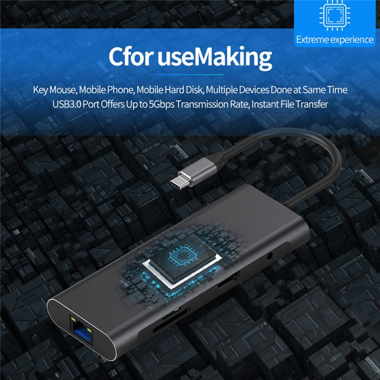 BLUEENDLESS HC901 Type-C Aluminum Alloy Hub 9-in-1 Docking Station Adapter with 100mm Extended Cable