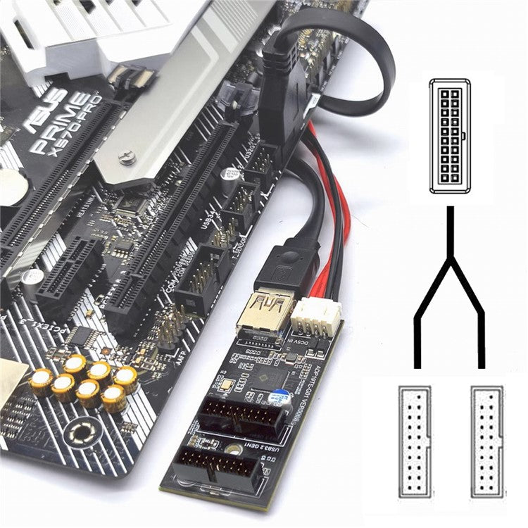 U3-084-AF Single 19 / 20Pin Header to USB 3.0 19 / 20Pin Dual Ports Female PCBA Type Adapter 5Gbps Motherboard Connector