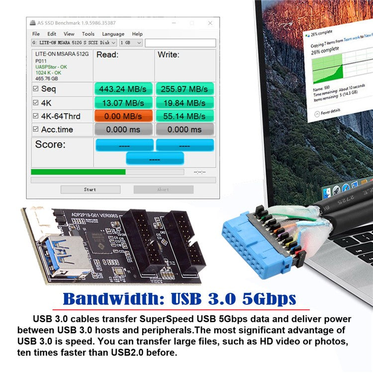 U3-084-AF+UC-117 5Gbps Type-E 19 / 20Pin Header to USB 3.0 19 / 20Pin Dual Ports Female PCBA Type Adapter Splitter HUB