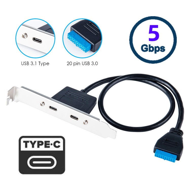 UC-020-CC USB3.0 Motherboard 19 / 20Pin to USB-C Type-C Dual Ports Female PCI-E Back Panel 5Gbps Cable