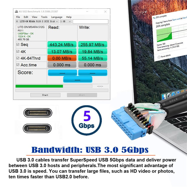 UC-020-CC USB3.0 Motherboard 19 / 20Pin to USB-C Type-C Dual Ports Female PCI-E Back Panel 5Gbps Cable