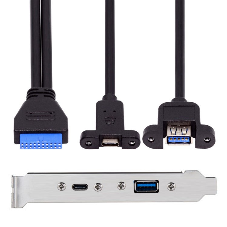 UC-020-AC USB3.0 Motherboard 19 / 20Pin to USB-C Type-C & USB 3.0 Dual Ports Female PCI-E Back Panel 5Gbps Cable