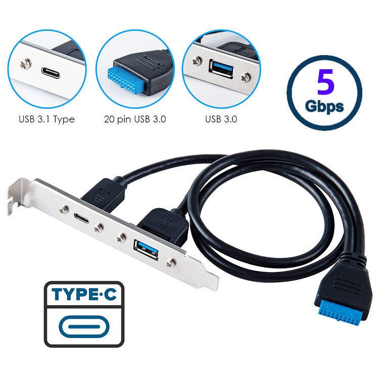 UC-020-AC USB3.0 Motherboard 19 / 20Pin to USB-C Type-C & USB 3.0 Dual Ports Female PCI-E Back Panel 5Gbps Cable