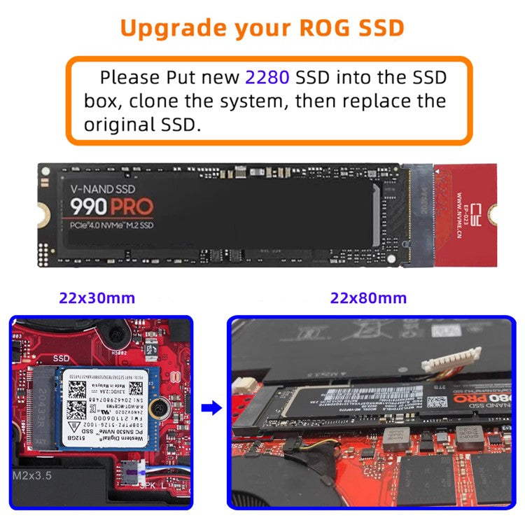 EP-023 NVME M-Key 22x30mm to 22x80mm NGFF Extension SSD Upgrade Adapter Compatible with ROG Flow X13 Gamings Laptop