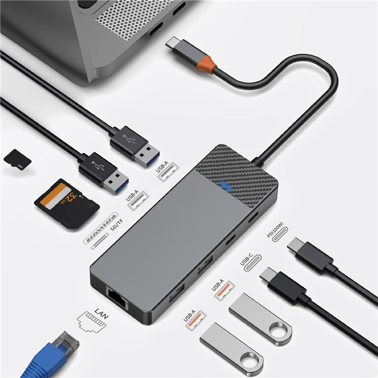 WIWU A923RPT USB-C Adapter to USB 3.1x2+USB 2.0x2+PD 100W+USB-C 3.1+2 Card Reader Slots+LAN 1000Gigabit