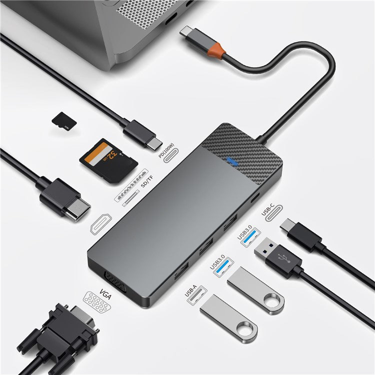 WIWU A921HV 9-In-1 Type-C Hub Multi-Port Converter with USB+PD+USB-C+Card Reader Slots+VGA+HD Output