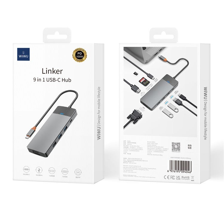 WIWU A921HV 9-In-1 Type-C Hub Multi-Port Converter with USB+PD+USB-C+Card Reader Slots+VGA+HD Output