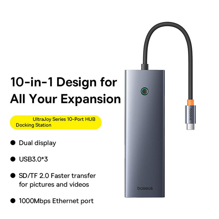 BASEUS UItraJoy Series 10-Port HUB Adapter USB-C Docking Station Type-C to HD / VGA / USB3.0 / PD / RJ45 / SD / TF / 3.5mm, Dark Grey