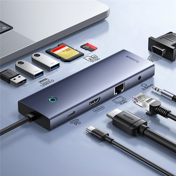 BASEUS UItraJoy Series 10-Port HUB Adapter USB-C Docking Station Type-C to HD / VGA / USB3.0 / PD / RJ45 / SD / TF / 3.5mm, Dark Grey