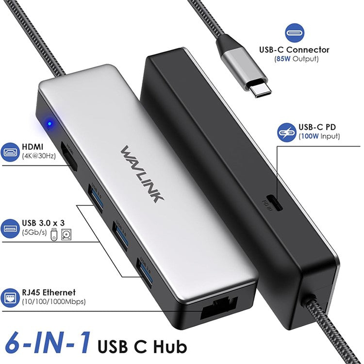 WAVLINK UHP3413 6-in-1 Hub Adapter USB-C Docking Station Support 4K / 100W for MacBook Pro / Air / Thunderbolt 3 / Type-C Devices