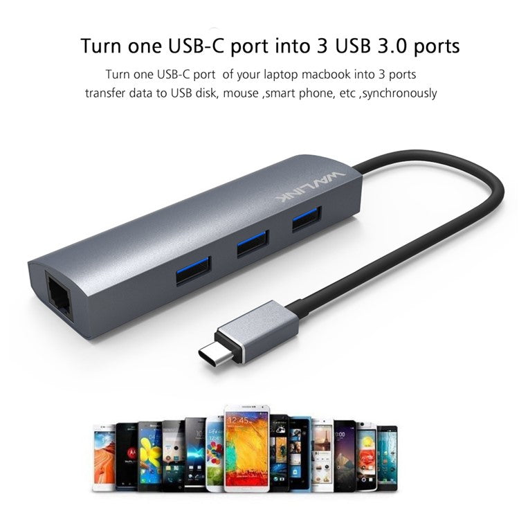 WAVLINK UH3031G / C Type-C Hub Mini Adapter to 3 x USB 3.0 + USB-C + RJ45 + DC Power Port