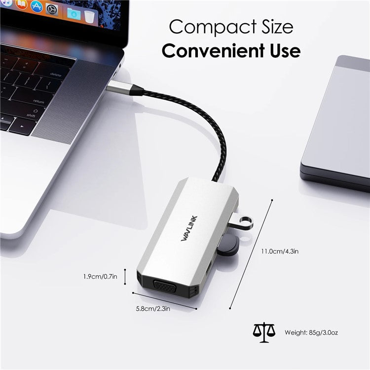 WAVLINK UMD304 7-in-1 Laptop Docking Station Converter USB-C to Dual HD 4K / 60Hz / VGA / 3 USB2.0 Hub Adapter