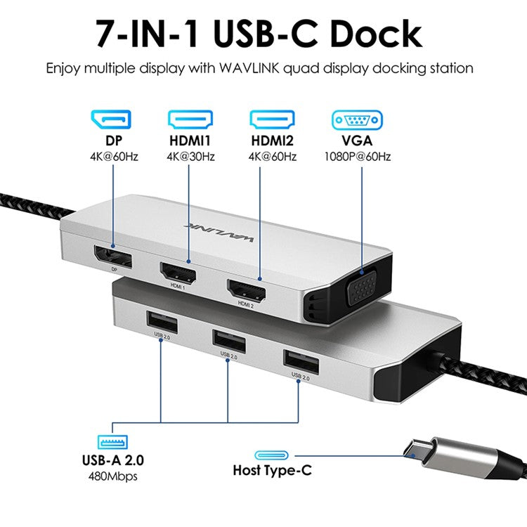 WAVLINK UMD304 7-in-1 Laptop Docking Station Converter USB-C to Dual HD 4K / 60Hz / VGA / 3 USB2.0 Hub Adapter
