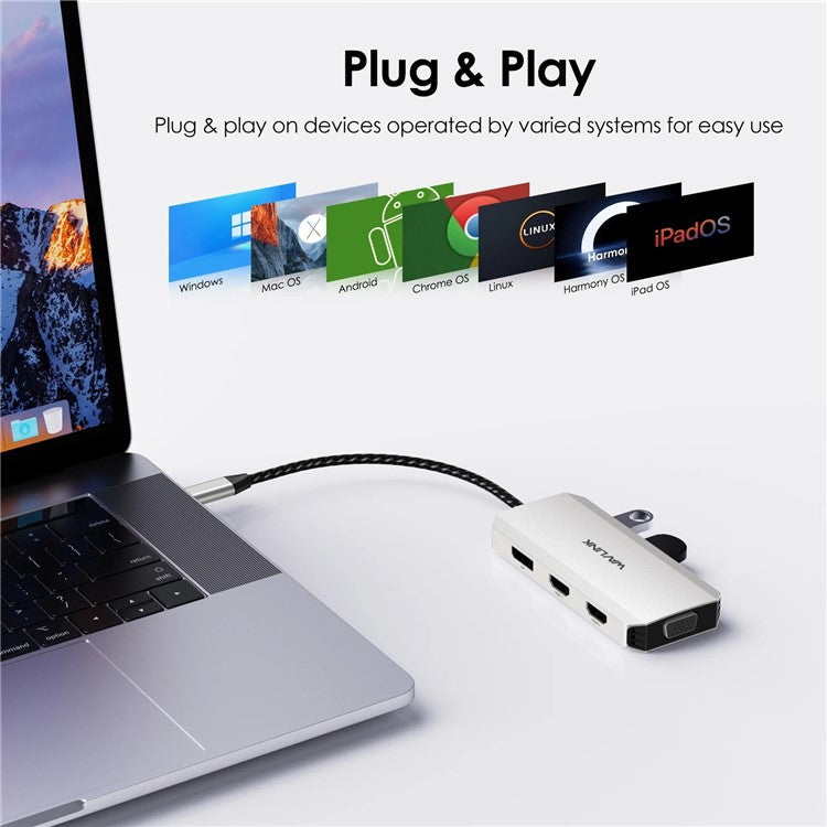 WAVLINK UMD304 7-in-1 Laptop Docking Station Converter USB-C to Dual HD 4K / 60Hz / VGA / 3 USB2.0 Hub Adapter