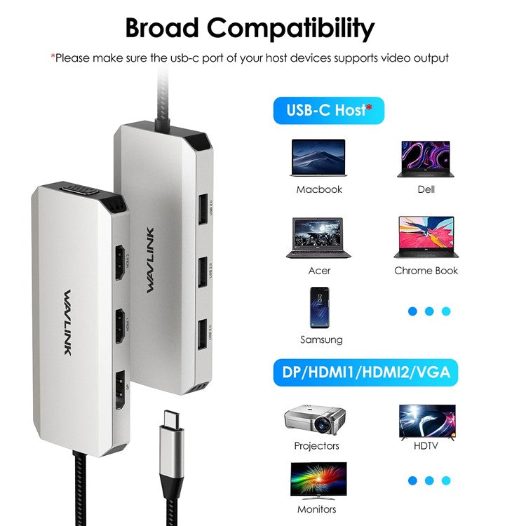 WAVLINK UMD304 7-in-1 Laptop Docking Station Converter USB-C to Dual HD 4K / 60Hz / VGA / 3 USB2.0 Hub Adapter