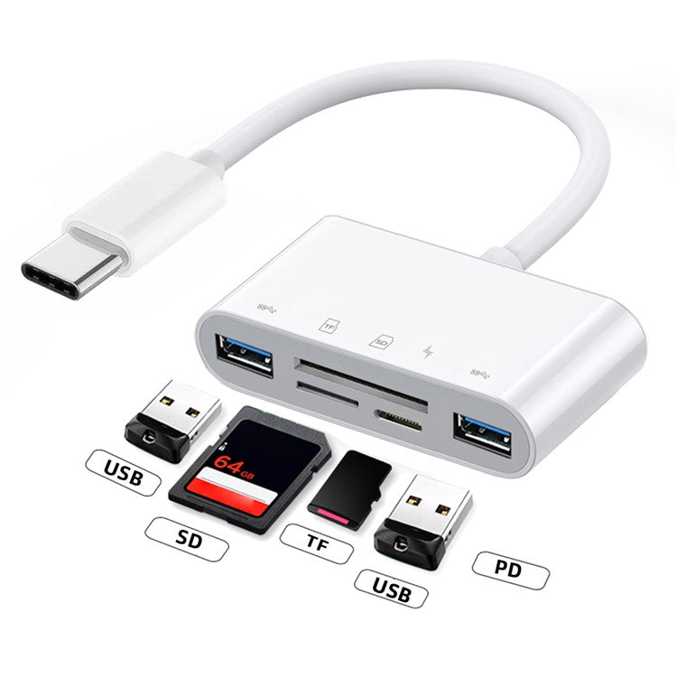 UC-155-SD005 5-in-1 USB 2.0 Type C USB-C to SD+TF+Dual USB3.0 Female Card Reader PD 27W Adapter