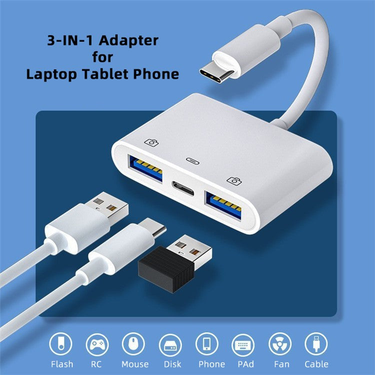UC-155-TC003 Type C to Dual Type-A USB3.0 Female with PD Power Charge Adapter Compatible with Laptop Tablet Phone