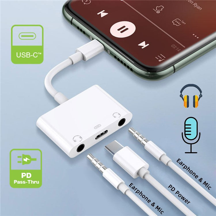 UC-155-TC005 Type C to Dual 3.5mm Audio AUX + MIC Sound Card with PD Power Charge Adapter for Laptop Tablet Phone