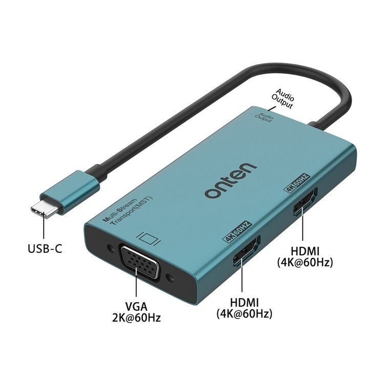 ONTEN M206 4-in-1 USB-C Hub Adapter Type-C to Dual HD+VGA+3.5mm Video Converter Support 4K / 60Hz