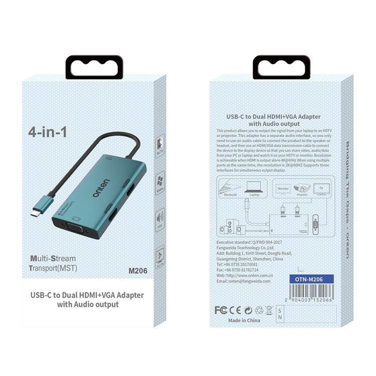 ONTEN M206 4-in-1 USB-C Hub Adapter Type-C to Dual HD+VGA+3.5mm Video Converter Support 4K / 60Hz