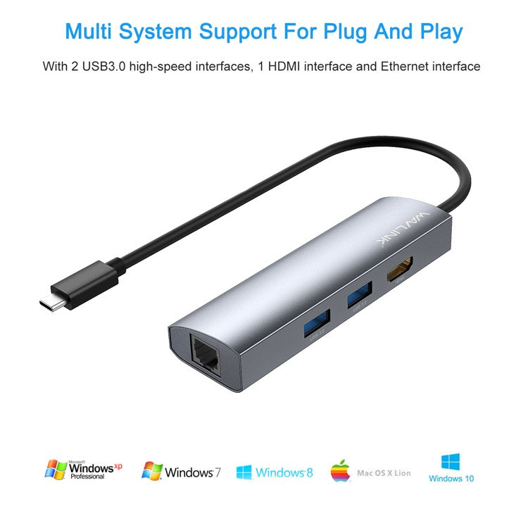 WAVLINK WL-UHP3408 4-in-1 Type-C to HD+2xUSB3.0+Gigabit RJ45 Docking Station USB Hub Adapter