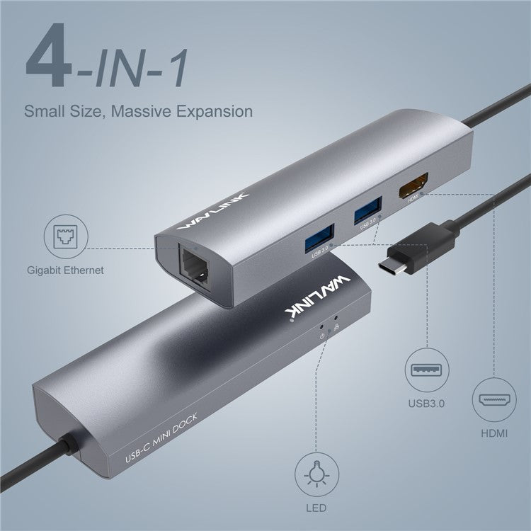 WAVLINK WL-UHP3408 4-in-1 Type-C to HD+2xUSB3.0+Gigabit RJ45 Docking Station USB Hub Adapter