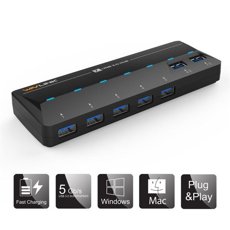 WAVLINK WL-UH3073D SuperSpeed USB3.0 Hub Adapter 7-Port Docking Station with Individual Power Button - EU Plug