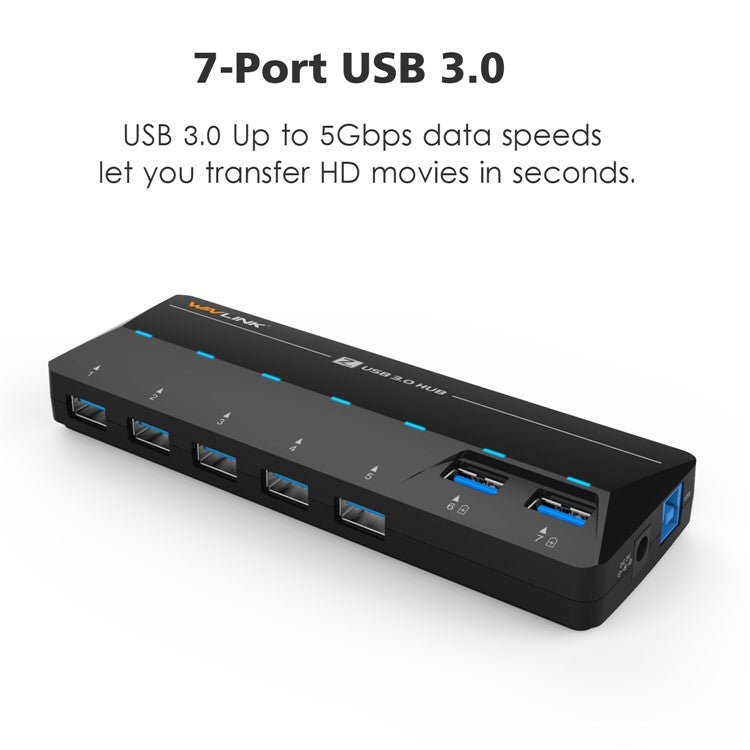 WAVLINK WL-UH3073D SuperSpeed USB3.0 Hub Adapter 7-Port Docking Station with Individual Power Button - UK Plug