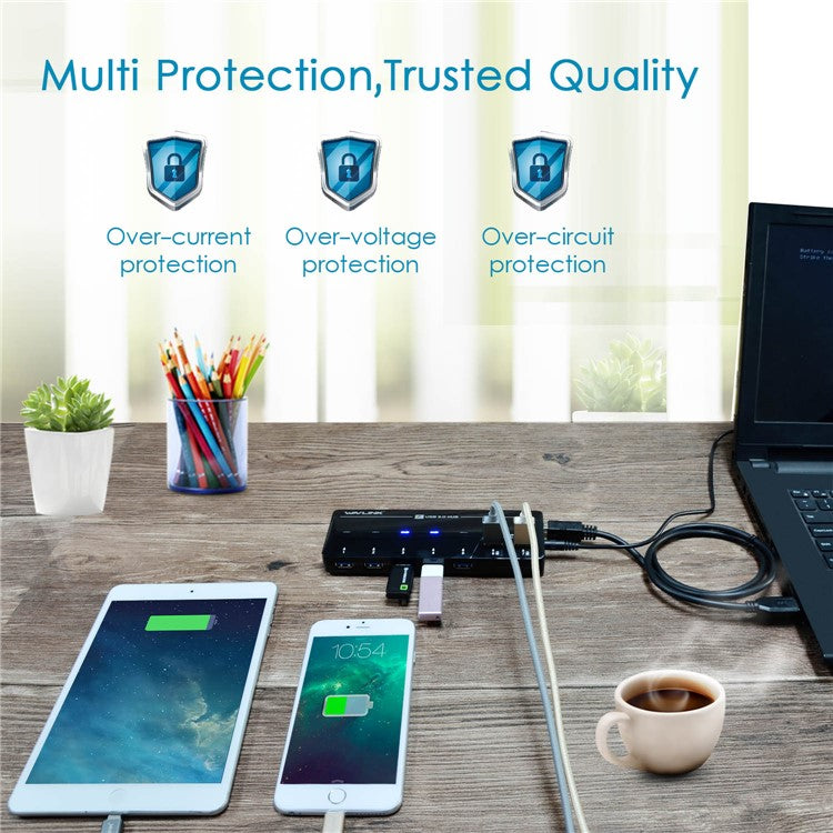 WAVLINK WL-UH3073D SuperSpeed USB3.0 Hub Adapter 7-Port Docking Station with Individual Power Button - UK Plug