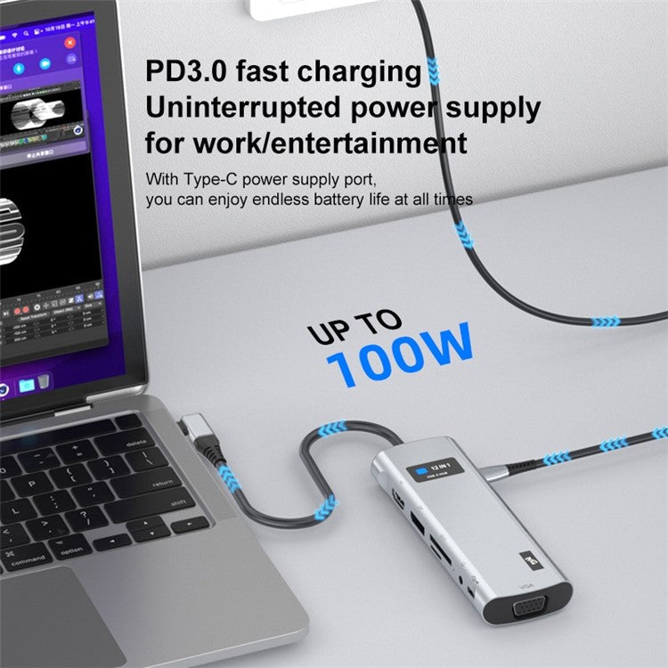 Z261 USB3.1 to PD+USB3.0x3+Type-C+SD / TF+RJ45+3.5mm+DP+HD+VGA 12-in-1 Hub